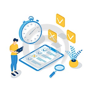 Concept of online exam, online testing, questionnaire form, online education, survey, internet quiz. Isometric vector