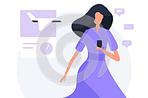 The concept of online flight booking. Purchase a ticket using your phone. Vector illustration in flat style.