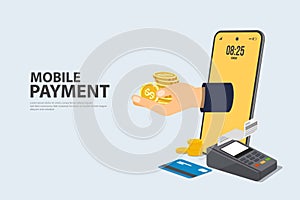 Concept Online and mobile payments Vector illustration pos terminal confirms the payment using a smartphone, Mobile payment,