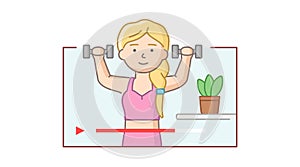 Concept Of Online Personal Trainer. Woman Athlete Practicing And Recording A Vlog Of Exercising With Dumbells. Video Of