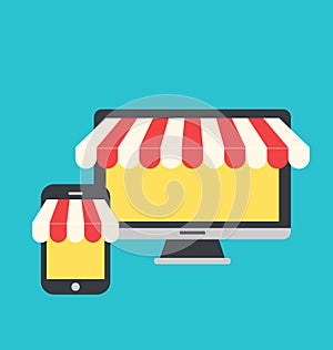 Concept of online shop, e-commerce, flat icons style of computer