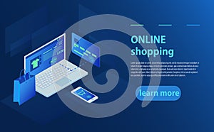 Concept of online shop, online store. Transfer money from card. Isometric laptop, Bank card and shopping bag on blue background.