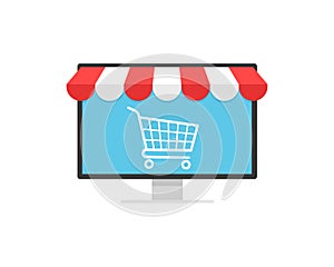 Concept online shopping, cart icon on monitor and storefront awning. Ecommerce, online shopping, e-commerce, internet