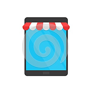 Concept online shopping, cart icon on monitor and storefront awning. Ecommerce, online shopping, e-commerce, internet