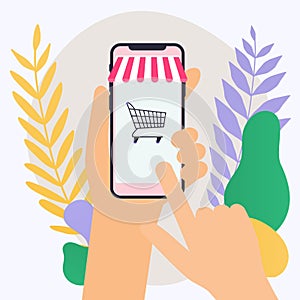 Concept online shopping and e-commerce. Icons for mobile marketing. Hand holding smart phone. Flat design style modern vector il