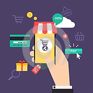 Concept online shopping and e-commerce. Icons for mobile marketing. Hand holding smart phone. Flat design style modern vector il