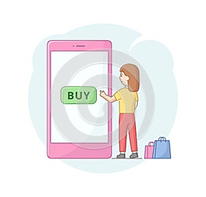 Concept Of Online Shopping. Girl Doing Shopping Online. Woman Order On The Internet Goods, Pressing The Button Buy On