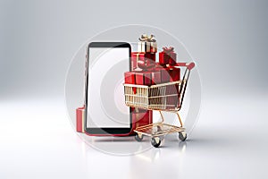 The concept of online shopping and ordering products via phone or Internet. Mobile phone smartphone next to a supermarket trolley