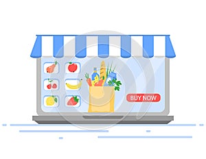 The concept of online store products. Supermarket in a laptop with the ability to order and delivery online.