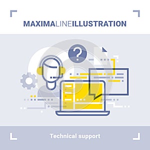 Concept of online tech support and call center. Maxima line illustration. Modern flat design. Vector composition.
