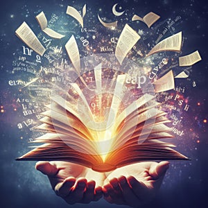 Concept of an open magic book, open pages and hands. Fantasy