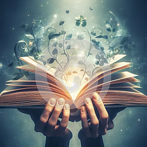 Concept of an open magic book, open pages and hands. Fantasy