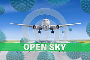 Concept of opening flights between countries, the abolition of pandemic quarantine. Start of flights open sky around the world