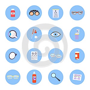 Concept optometry icon set, medical health care flat vector illustration, isolated on blue, concept eye problem