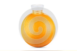 Concept, orange as bottle of fresh juice on white background