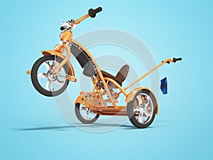 Concept orange kids tricycle with lift front wheel 3d render on blue background with shadow