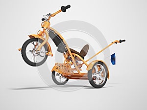 Concept orange kids tricycle with lift front wheel 3d render on gray background with shadow