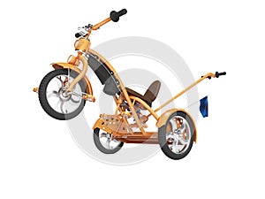 Concept orange kids tricycle with lift front wheel 3d render on white background no shadow