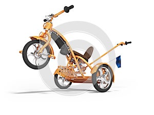 Concept orange kids tricycle with lift front wheel 3d render on white background with shadow