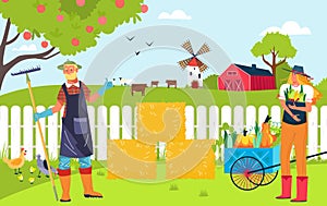 Concept organic farm, country agriculture, food production in village, products for sale in market, flat style vector