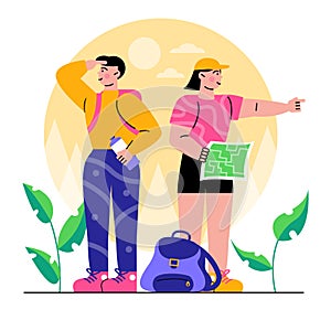 Concept of outdoor activities. Tourists couple get lost and look in different directions vector