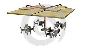 Concept of outdoor restaurant beach umbrella and tables with chairs 3d render on white background no shadow