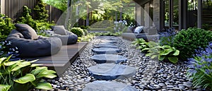 Concept Outdoor Seating, Serene outdoor seating amidst natural landscaping in a backyard patio