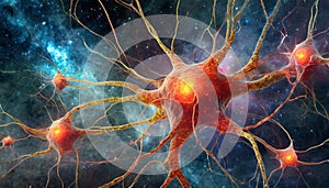 3d rendered illustration of neuronal netwotk with carina nebula in the background. Concept of outer space knowledge