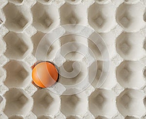 Concept outstanding image, Notable one alone fresh brown chicken egg left in paper tray pit pattern background