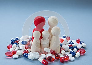 Concept of the overuse and misuse of prescription drugs such as antibiotics and pain killers causing antibiotic drug resistant photo