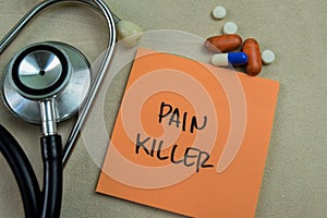 Concept of Pain Killer write on sticky notes isolated on Wooden Table