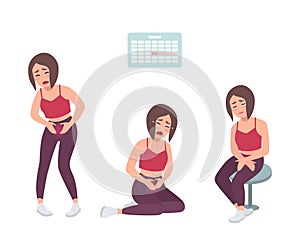 Concept of painful menstruation. Woman feel uncomfortable, suffers with stomach ache. Colorful vector illustration in