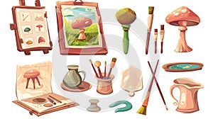The concept of painting tools for hobbyists or artists in the studio. This is a cartoon modern illustration of drawings
