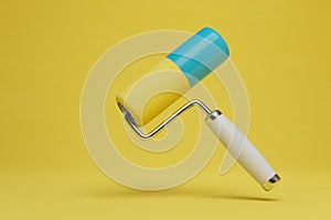 the concept of painting walls with a roller. a roller with blue and yellow paint on the wall in yellow. 3D render
