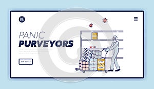 Concept Of Panic During Coronavirus. Website Landing Page. Man, Supermarket Worker Carry A Cart