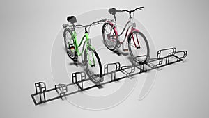 Concept parking stop metallic for two bikes 3d renderer on gray background with shadow