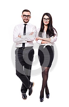 Concept of partnership in business. Young man and woman standing with crossed hands against white background. Full height