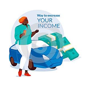 The concept of passive income. A black woman stands with a smartphone in her hand near the car. In the background are large