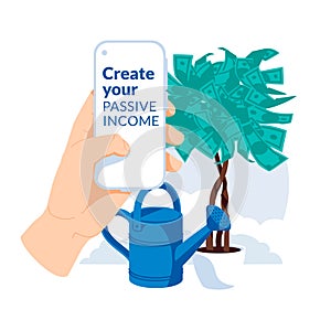 The concept of passive income. The human hand is holding a smartphone. Money tree and watering can in the background..Income