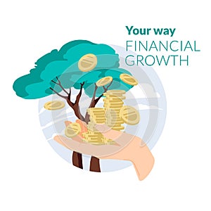 The concept of passive income. Your path to financial growth. Human hand holding stacks of coins under money rain. Green tree in