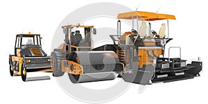 Concept paver large construction roller and small road roller 3d rendering on white background no shadow
