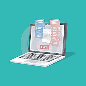 Concept of pay bills tax accounts online via computer or laptop. Online payment service. Laptop with checks and invoices