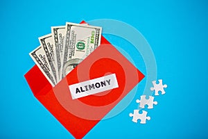 The concept of paying alimony, money in a paper envelope