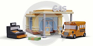 Concept of paying at gas station. 3D vector building, bus, cash register, money