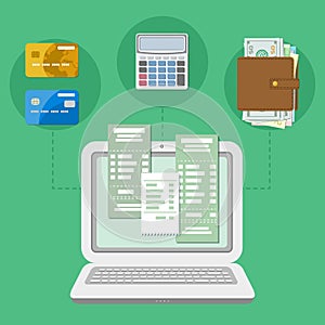 The concept of payment accounts tax bill via a computer or a laptop. Online payment. Bank card transfer.