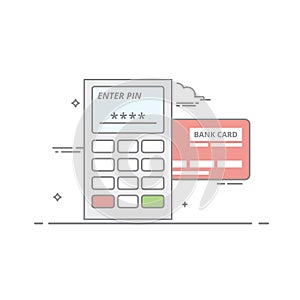 Concept of payment by credit card through the terminal. An electronic device with buttons
