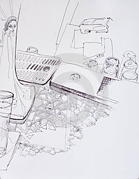 Concept pen illustration of young woman drinking in the bar, her
