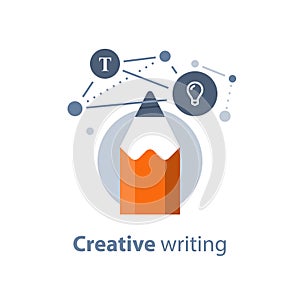 Concept with pencil, creative writing, storytellyng and copywriting, subject learning, design solution