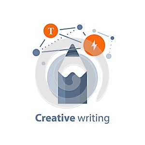 Concept with pencil, creative writing, storytellyng and copywriting, subject learning, design solution