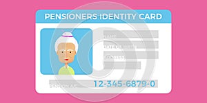 Concept of pensioner id card.Grandparent identity card. Flat vector illustration for web